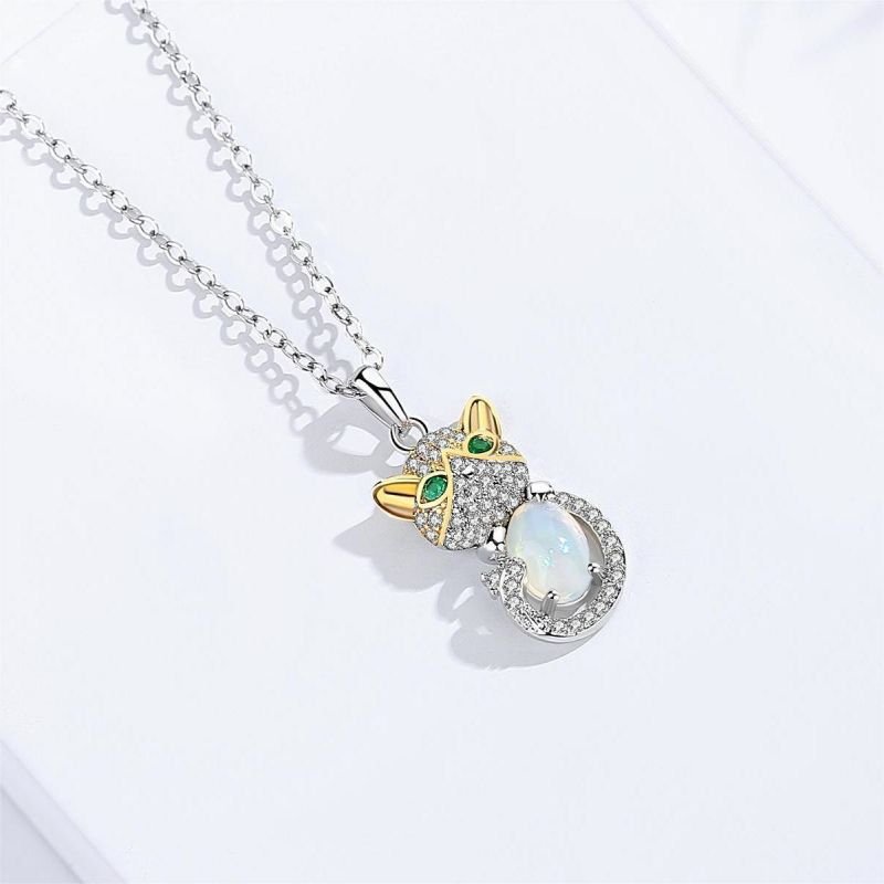 White and gold-plated 925 sterling silver cat necklace, 5*7mm stone, 5g.