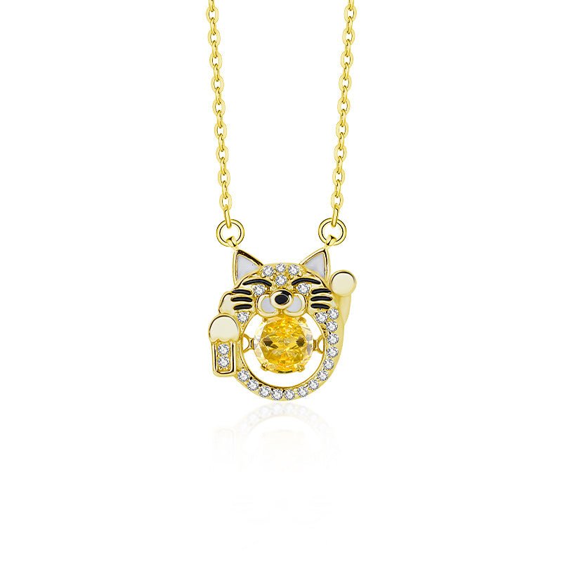 White or gold-plated 925 sterling silver lucky cat necklace, 5mm stone, 5g.