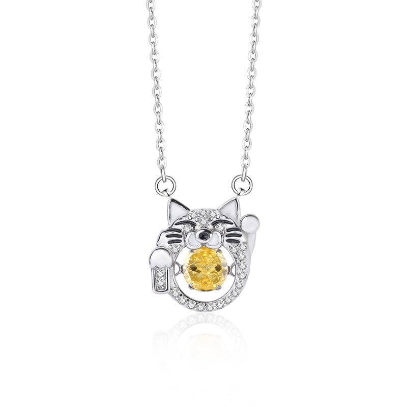 White or gold-plated 925 sterling silver lucky cat necklace, 5mm stone, 5g.