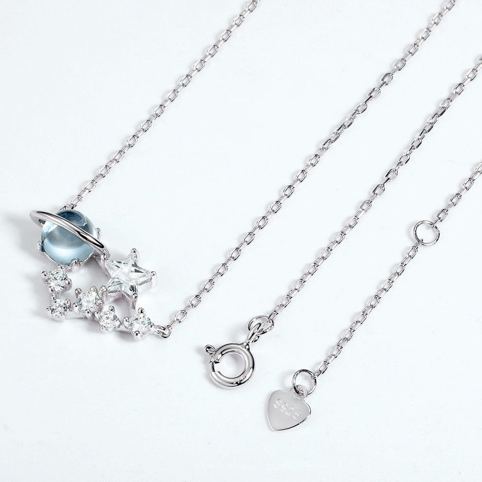 White gold-plated 925 sterling silver star necklace, 16.5*24.72mm pendant, multi-size stones, 2.42g.