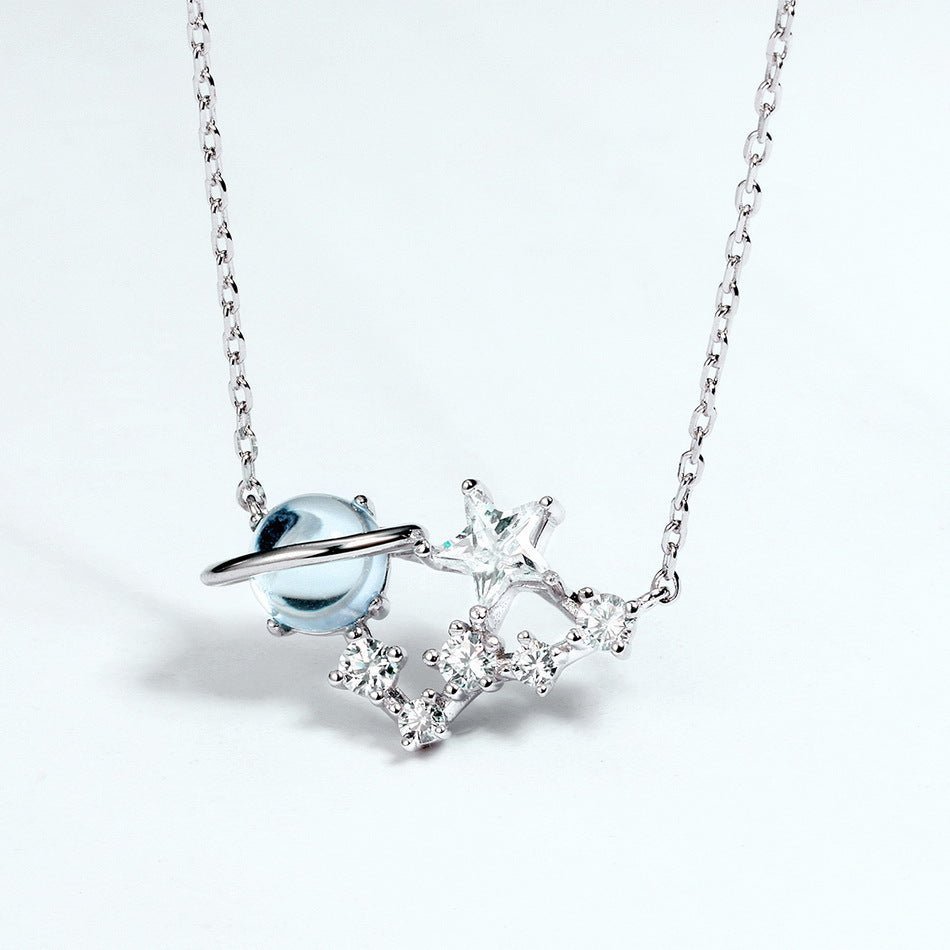 White gold-plated 925 sterling silver star necklace, 16.5*24.72mm pendant, multi-size stones, 2.42g.