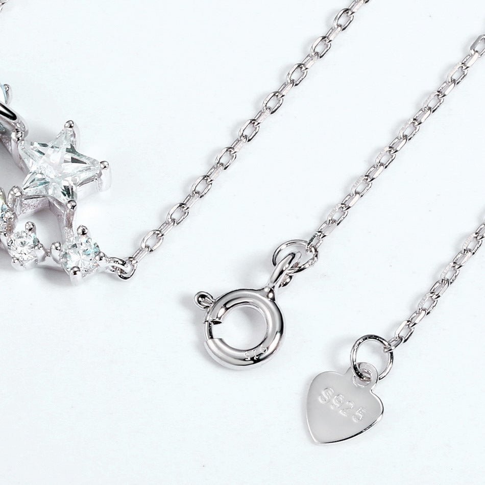 White gold-plated 925 sterling silver star necklace, 16.5*24.72mm pendant, multi-size stones, 2.42g.