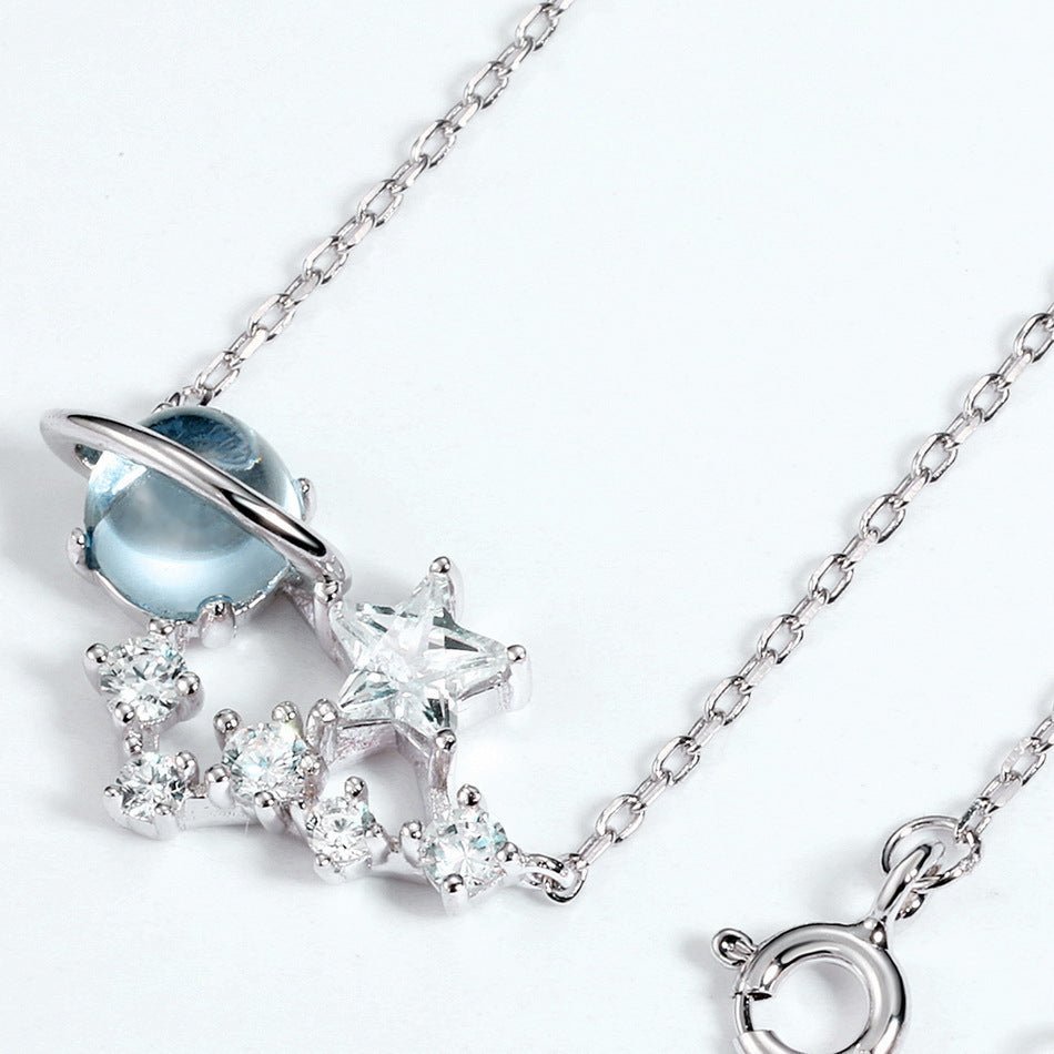 White gold-plated 925 sterling silver star necklace, 16.5*24.72mm pendant, multi-size stones, 2.42g.
