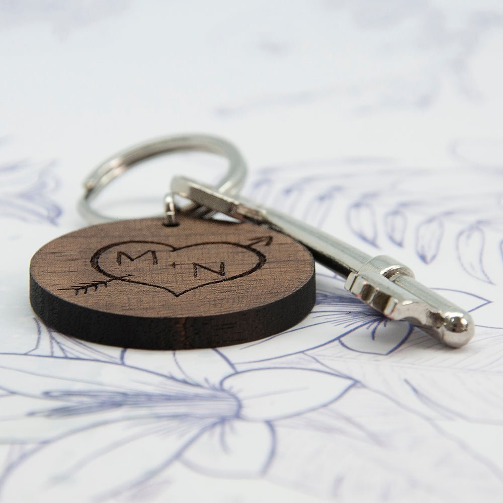 Custom engraved walnut wood keyring, 2 initials front, message on back