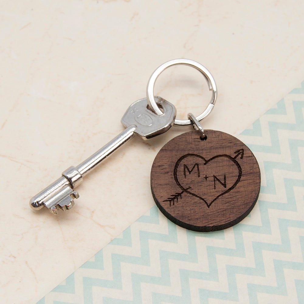 Walnut wood keyring, personalised love initials and 35-char message