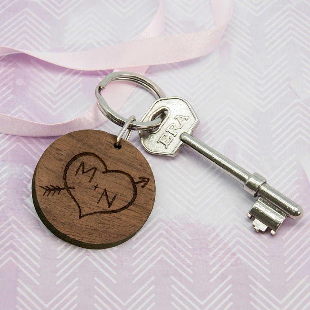 Personalised walnut keyring with engraved initials and custom message