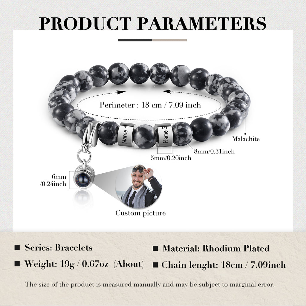 Personalised malachite bracelet (17cm) with photo projection—custom name tag for a unique, meaningful gift.