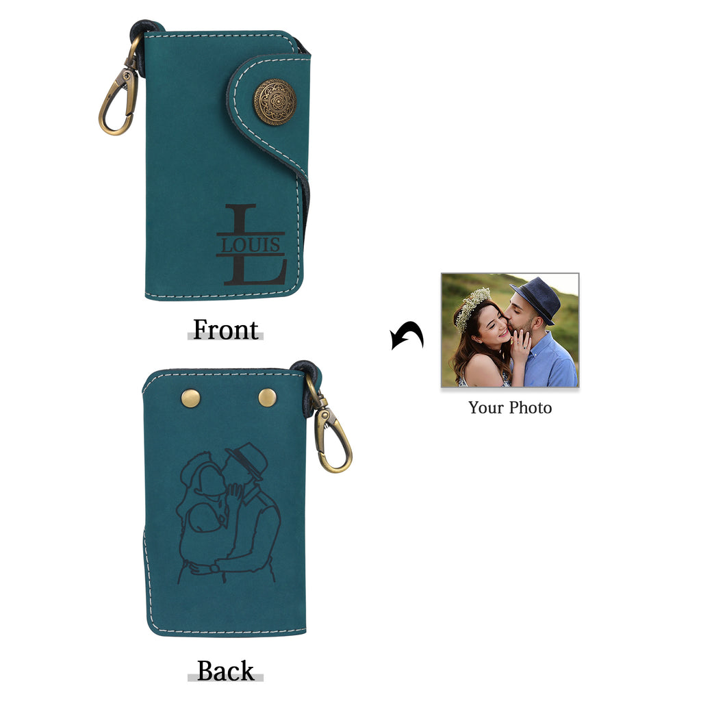 Personalised leather key holder (11.5cm x 7.2cm) with engraved initial and custom line art from your photo.