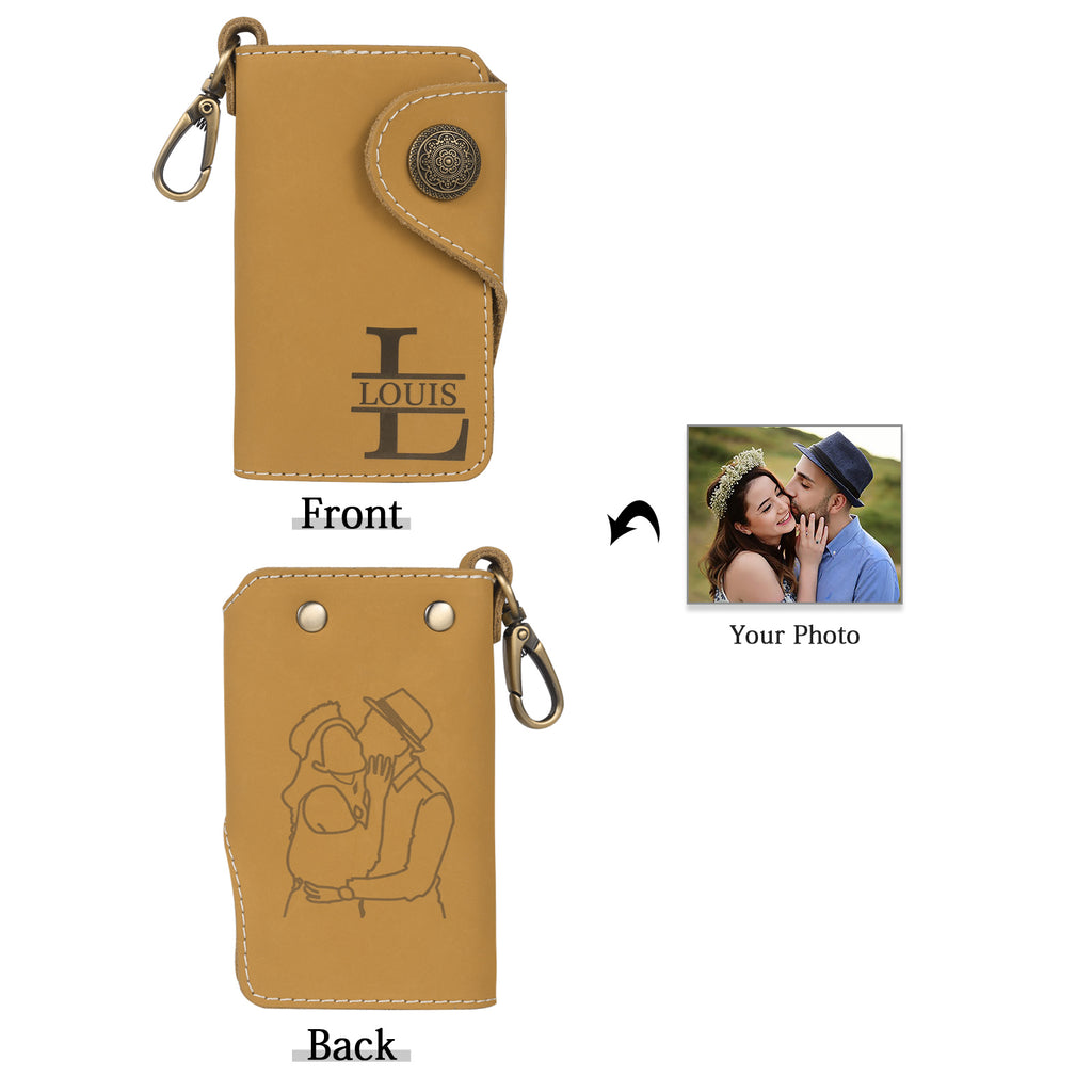 Personalised leather key holder (11.5cm x 7.2cm) with engraved initial and custom line art from your photo.