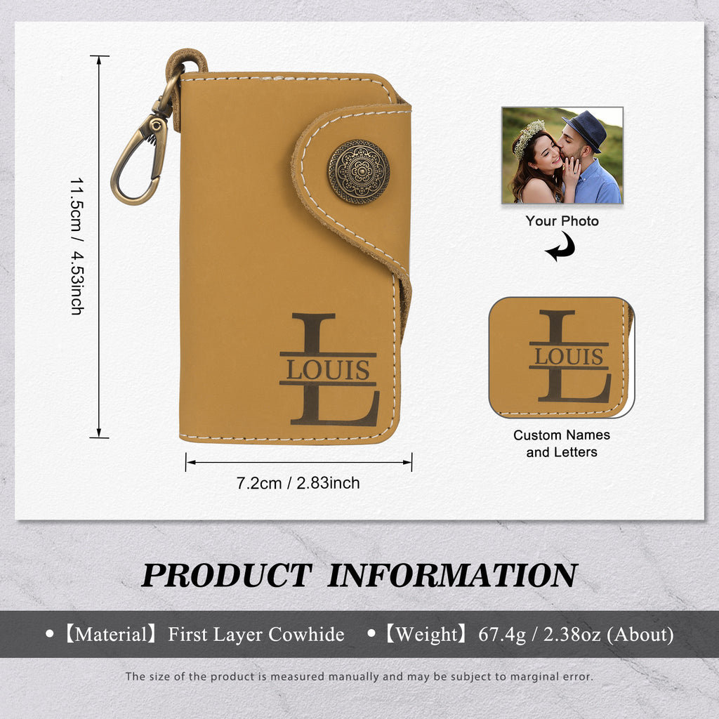 Personalised leather key holder (11.5cm x 7.2cm) with engraved initial and custom line art from your photo.