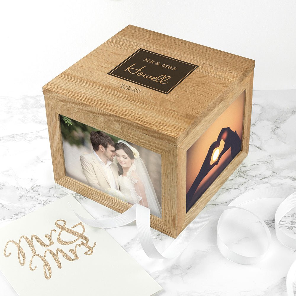 Oak keepsake box with wedding photo display
