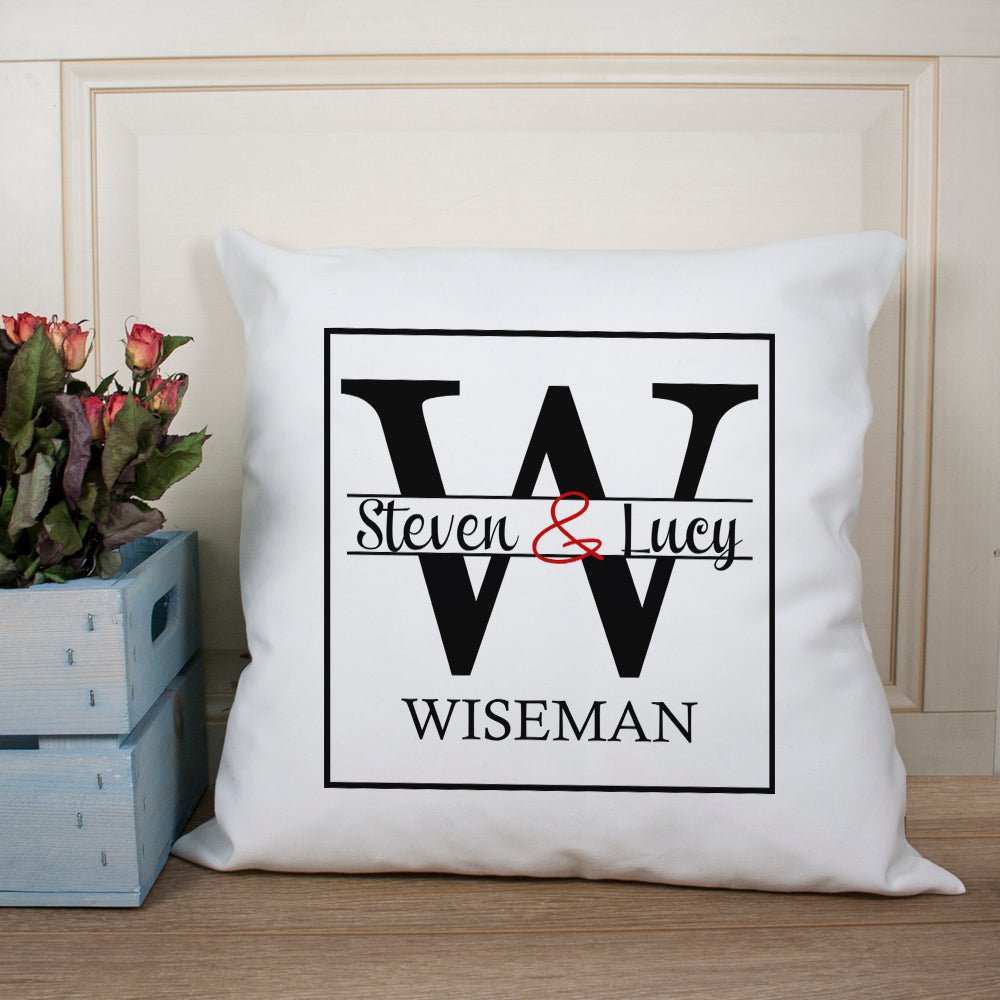 Monogram cushion cover with couple’s names and surname