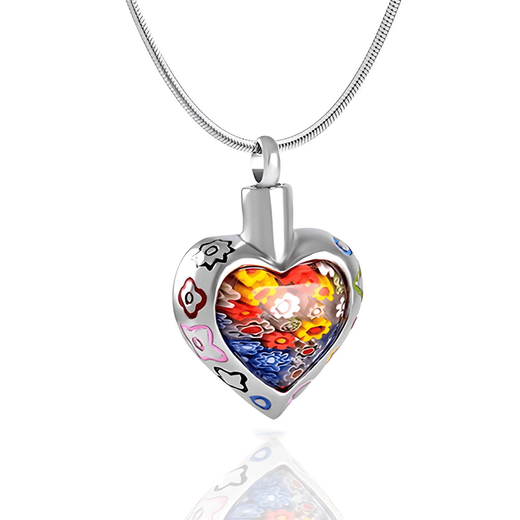 Memorial cremation ashes necklace, Murano glass heart pendant, 316L stainless steel, 22-inch chain.