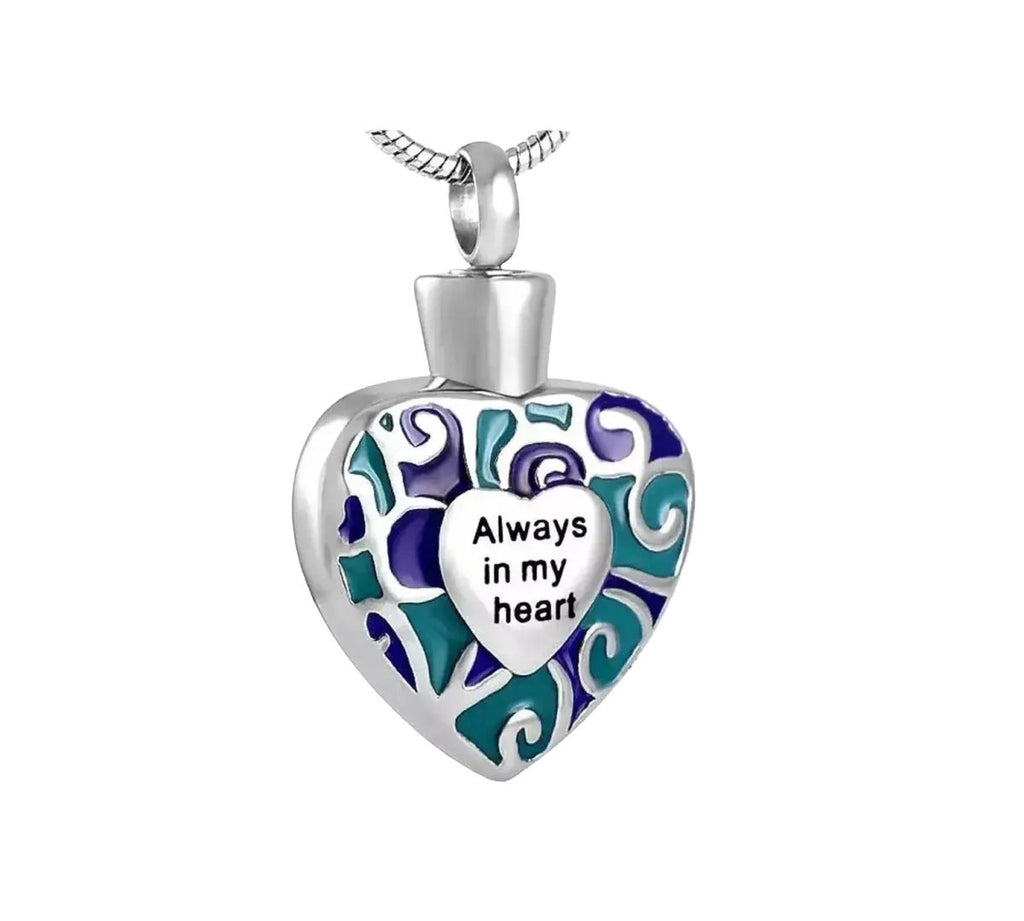 Memorial cremation pendant, heart-shaped urn locket, 316L stainless steel, engraved, 20-inch chain.