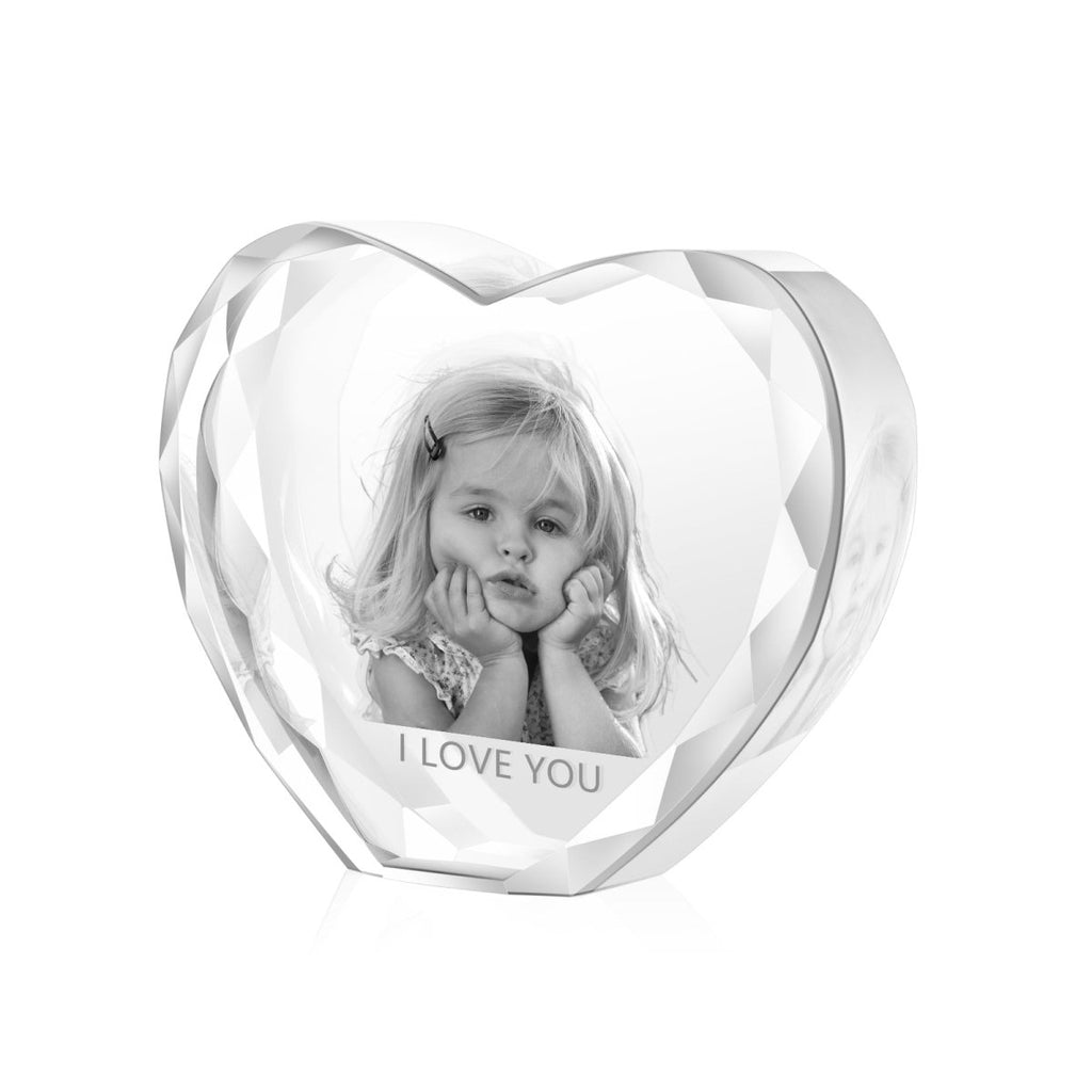 Custom 3D heart-shaped crystal photo ornament, personalized keepsake, 120x64x107mm, 1126g weight.
