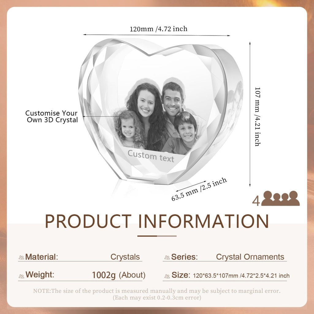 Custom 3D heart-shaped crystal photo ornament, personalized keepsake, 120x64x107mm, 1126g weight.