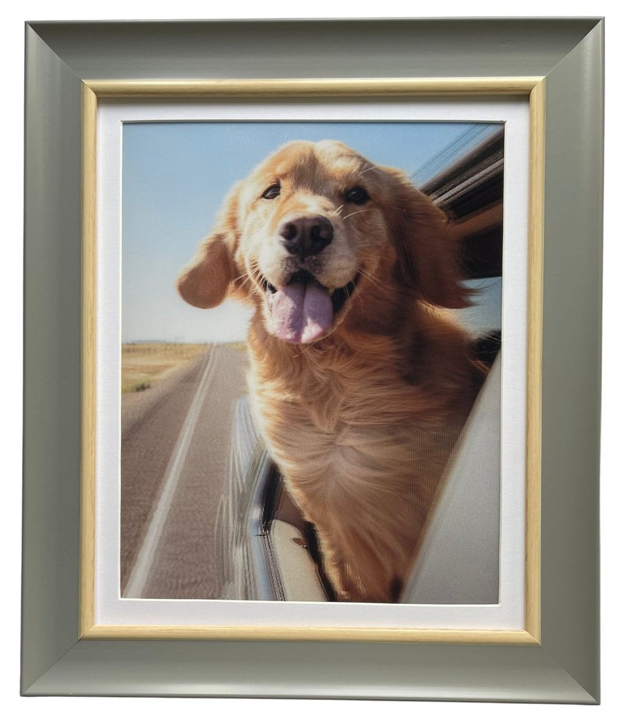 Framed picture of a dog sticking its head out of a car window with a road and sky in the background.