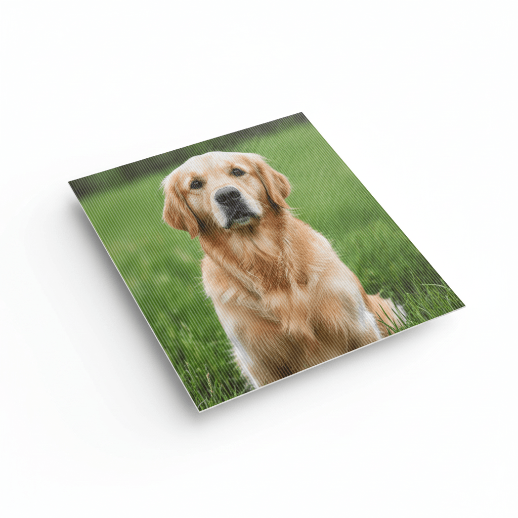 Lenticular print of a golden retriever dog on grass