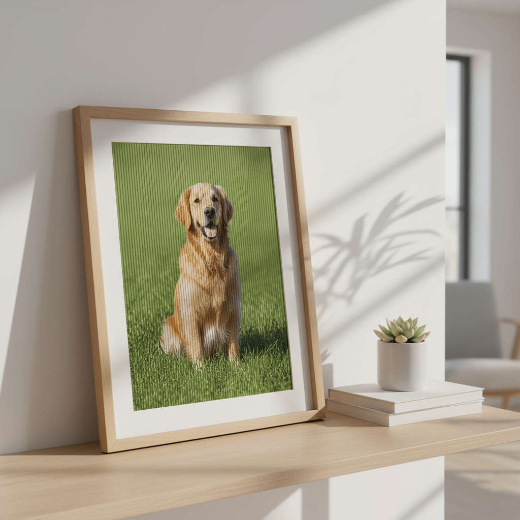 Framed picture of a dog on a table with a plant and books in the background