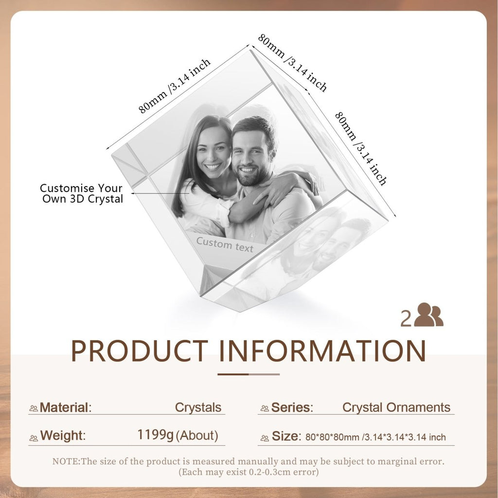 Custom 3D photo crystal ornament, cube shape, personalized with photo and text, 80x80x80mm, 1293g weight.