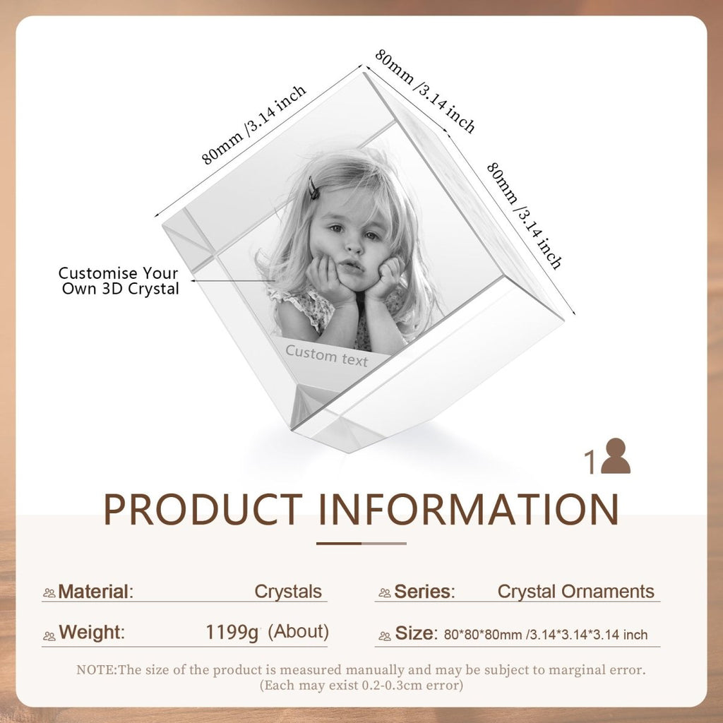 Custom 3D photo crystal ornament, cube shape, personalized with photo and text, 80x80x80mm, 1293g weight.