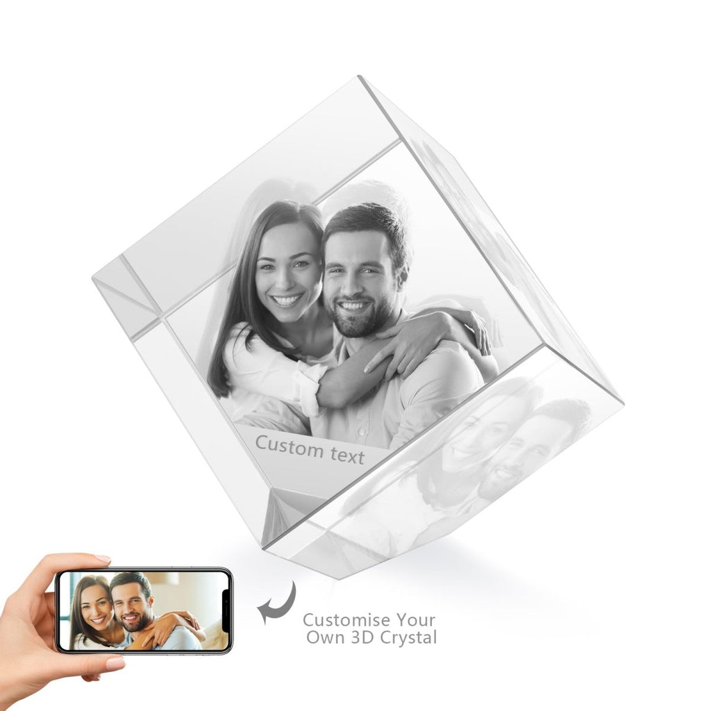 Custom 3D photo crystal ornament, cube shape, personalized with photo and text, 60x60x60mm, 700g weight.