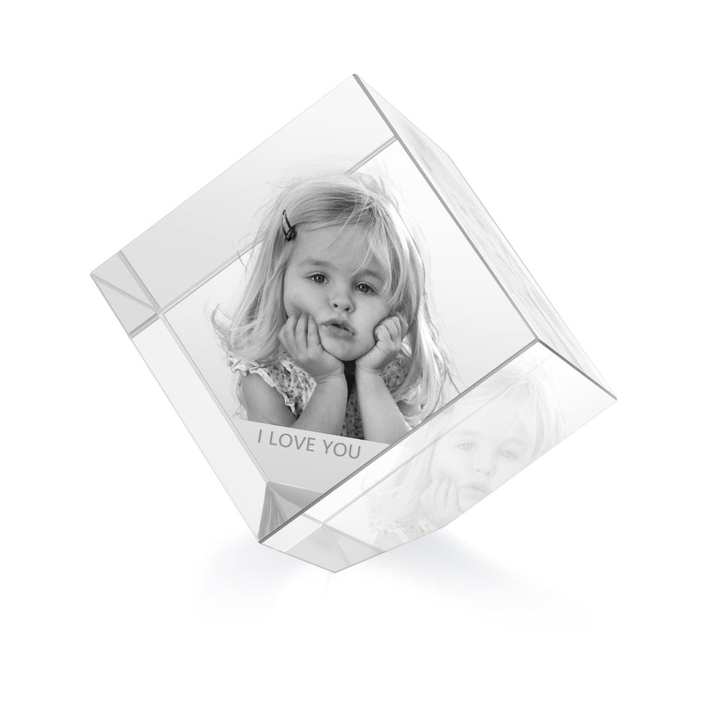 Custom 3D photo crystal ornament, cube shape, personalized with photo and text, 60x60x60mm, 700g weight.
