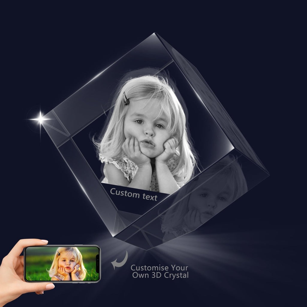 Custom 3D photo crystal ornament, cube shape, personalized with photo and text, 60x60x60mm, 700g weight.