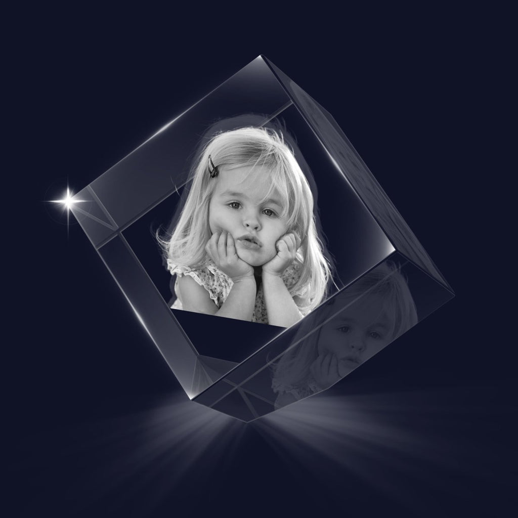 Custom 3D photo crystal ornament, cube shape, personalized with photo and text, 60x60x60mm, 700g weight.