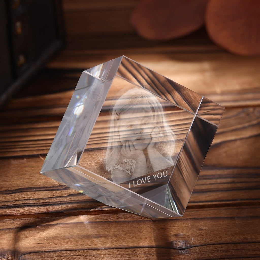 Custom 3D photo crystal ornament, cube shape, personalized with photo and text, 60x60x60mm, 700g weight.