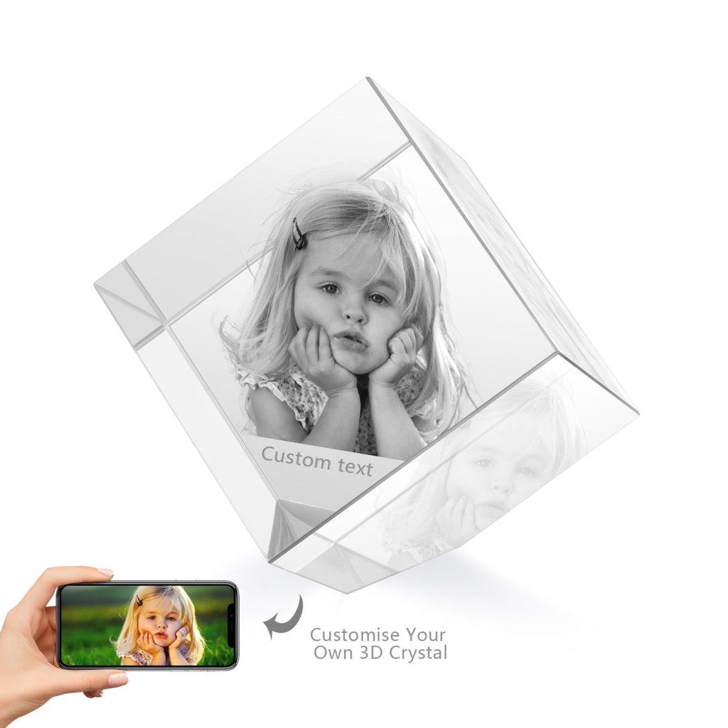 Custom 3D photo crystal ornament, cube shape, personalized with photo and text, 60x60x60mm, 700g weight.