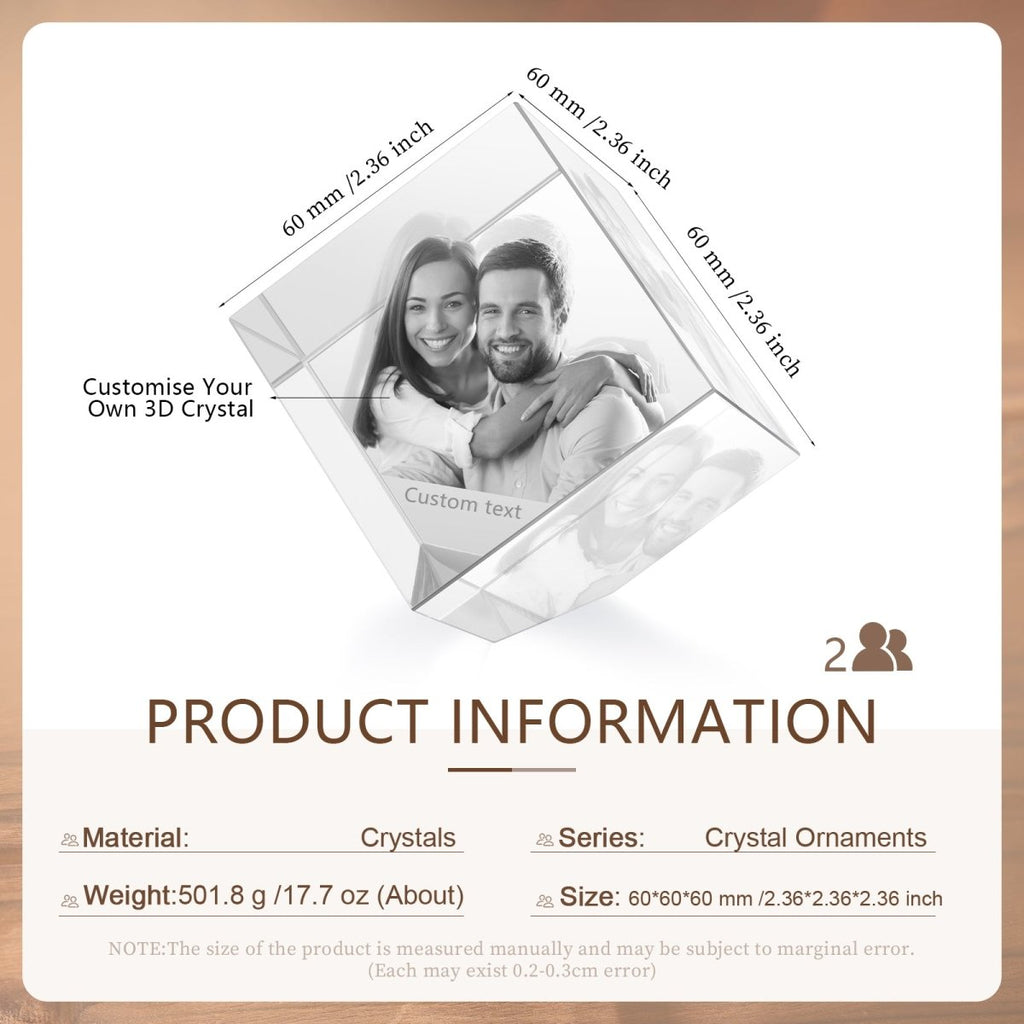 Custom 3D photo crystal ornament, cube shape, personalized with photo and text, 60x60x60mm, 700g weight.