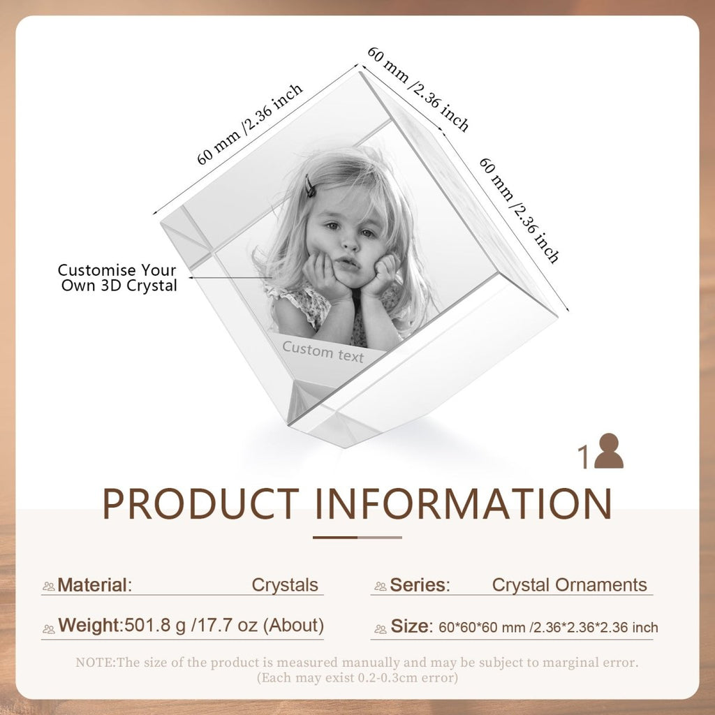 Custom 3D photo crystal ornament, cube shape, personalized with photo and text, 60x60x60mm, 700g weight.