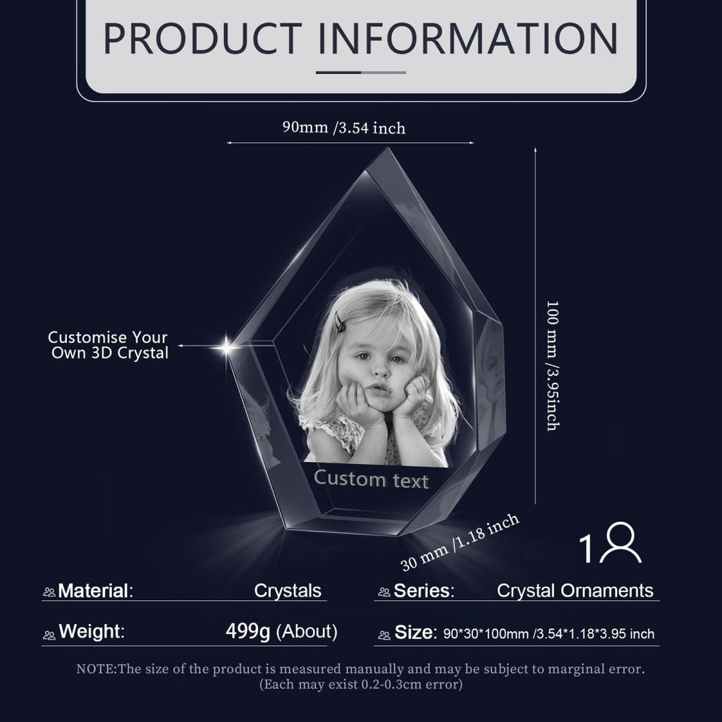 Custom 3D photo crystal shard ornament, small, personalized with photo, 90x30x100mm, 588g weight.