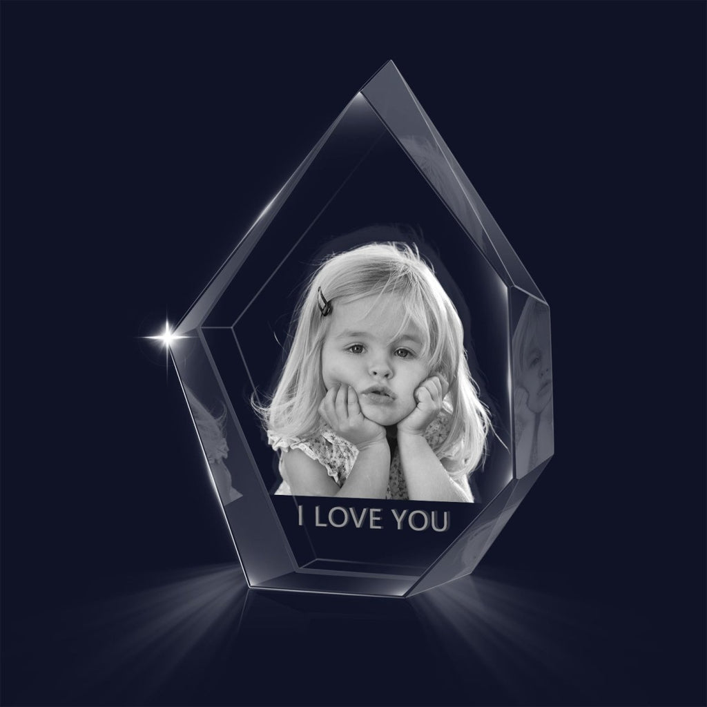 Custom 3D photo crystal shard ornament, small, personalized with photo, 90x30x100mm, 588g weight.