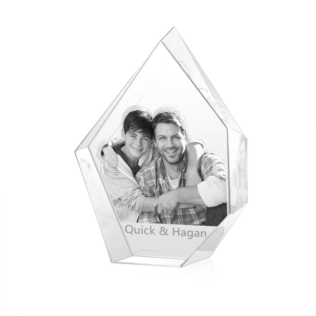 Custom 3D photo crystal shard ornament, small, personalized with photo, 90x30x100mm, 588g weight.