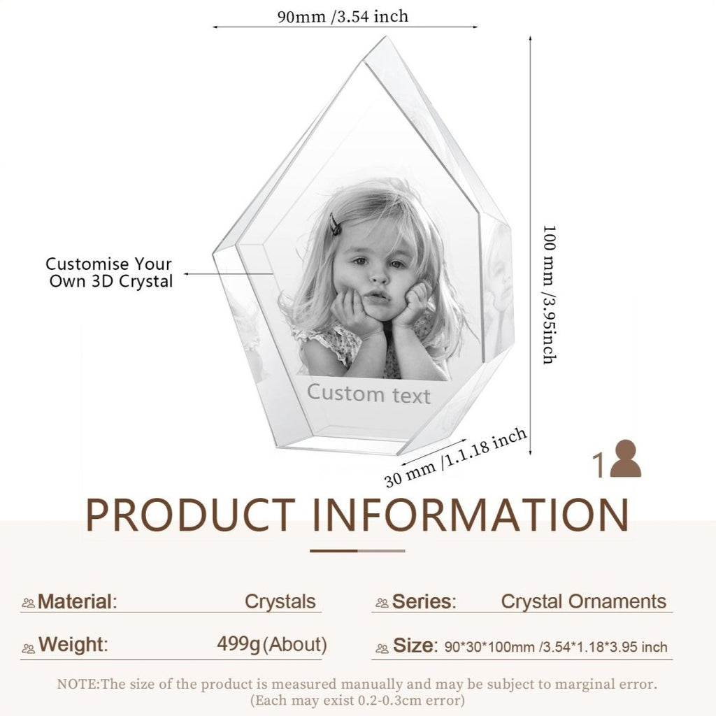 Custom 3D photo crystal shard ornament, small, personalized with photo, 90x30x100mm, 588g weight.