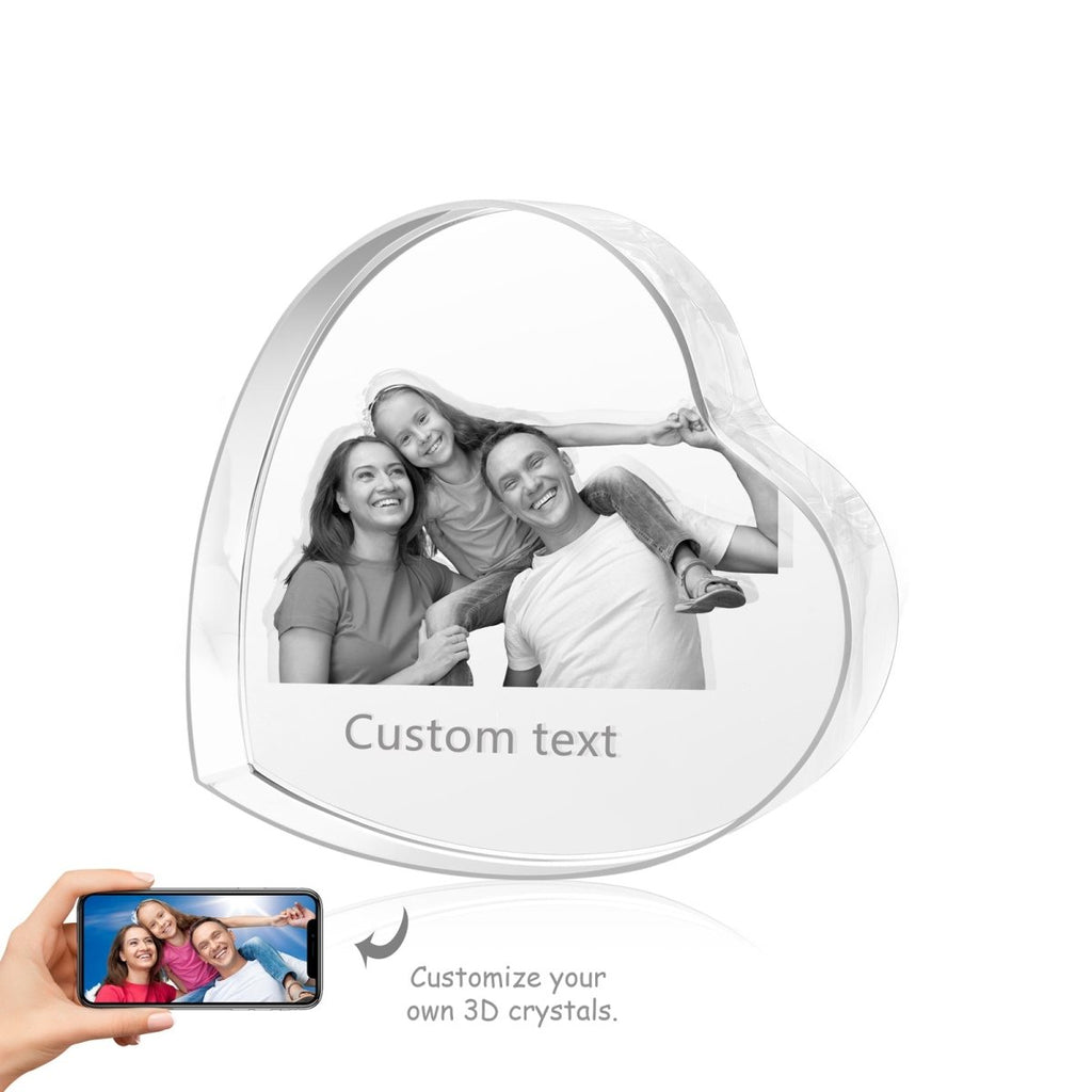 Personalized custom photo heart-shaped crystal ornament, 80mm size, unique keepsake gift.