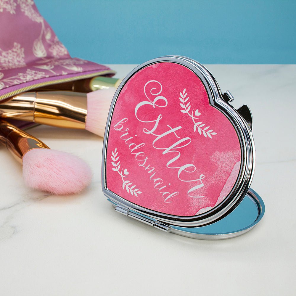 Bridesmaid compact mirror, 7cm, engraved with name and title, vibrant colours