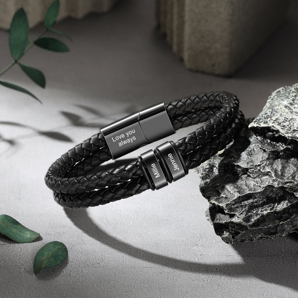 Personalized stainless steel and leather bracelet, black color, 20cm length, 26g weight, stylish and meaningful custom accessory.