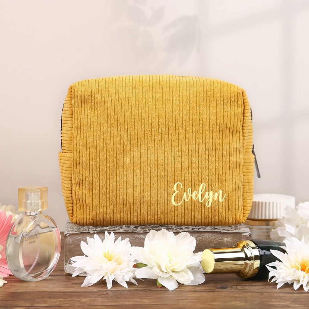 Custom name corduroy cosmetic bag, personalized, available in multiple colors, 13189cm, 100g.