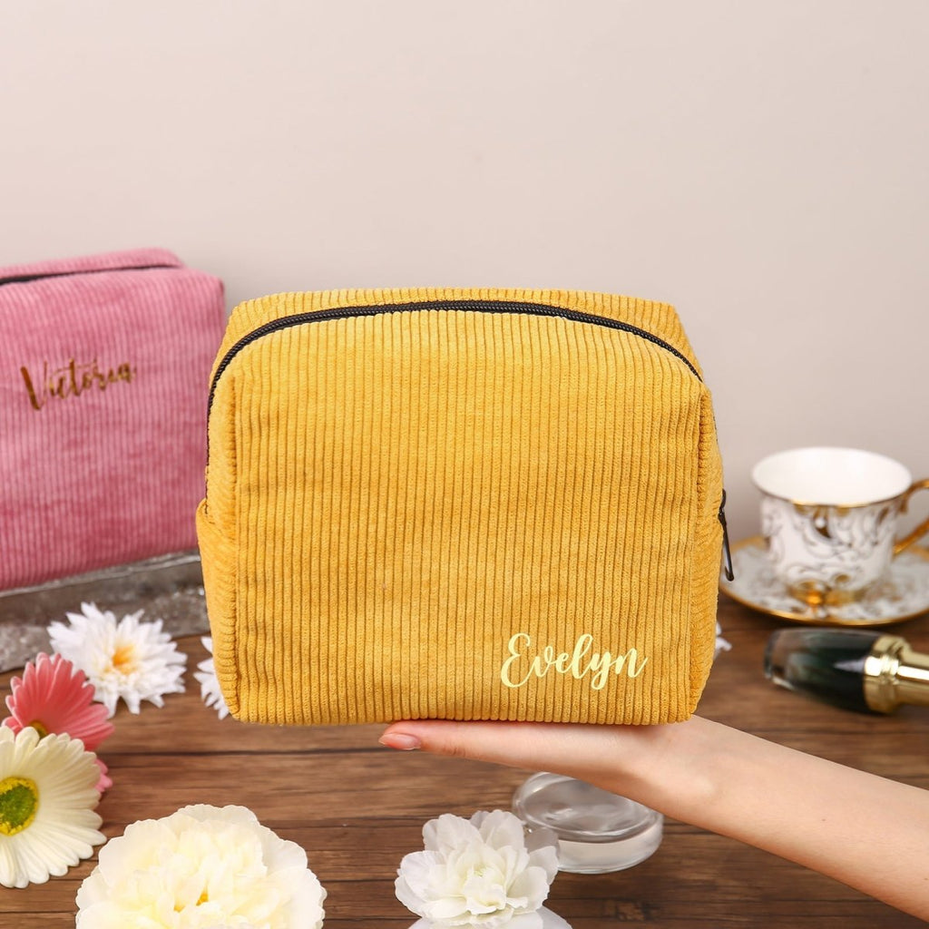 Custom name corduroy cosmetic bag, personalized, available in multiple colors, 13189cm, 100g.