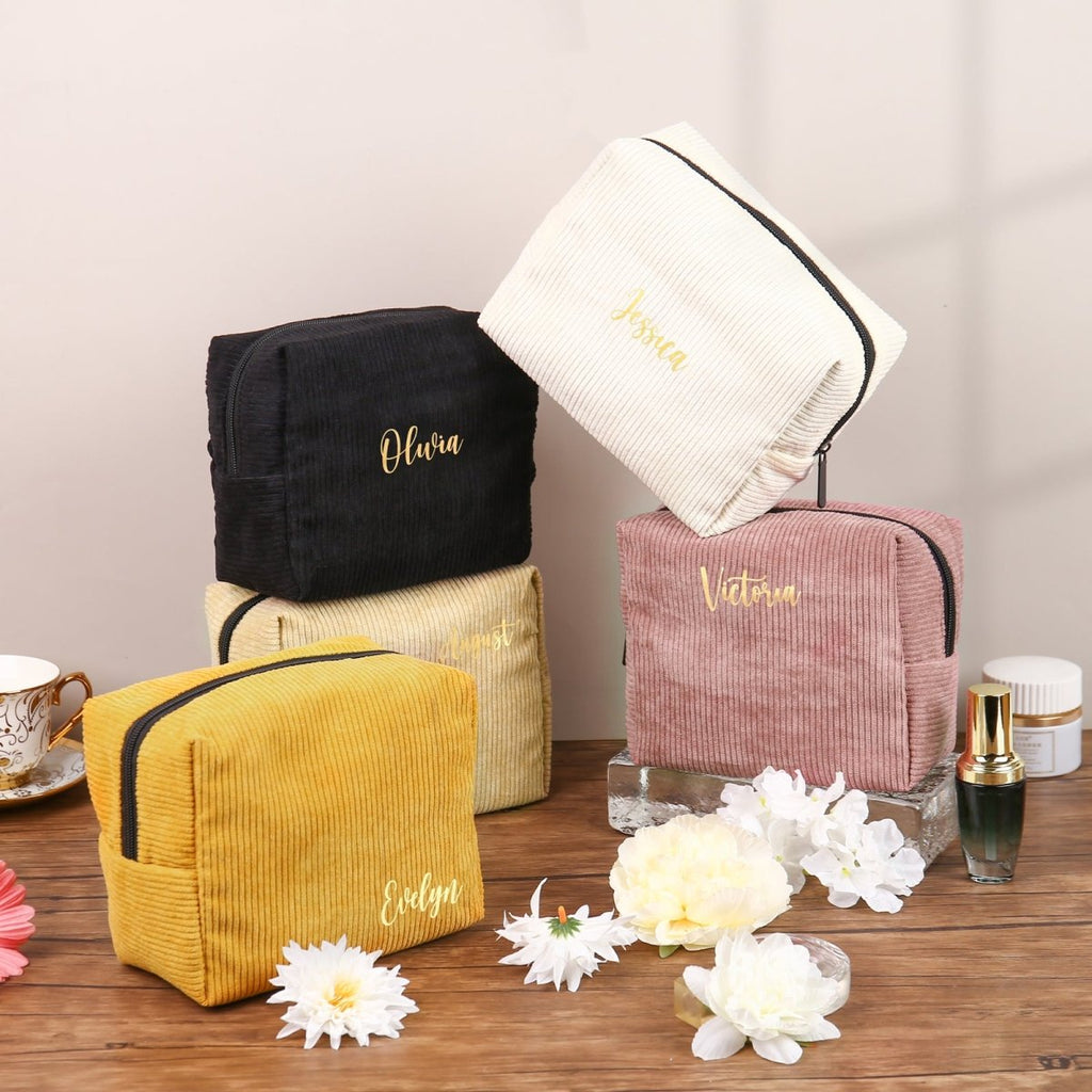 Custom name corduroy cosmetic bag, personalized, available in multiple colors, 13189cm, 100g.