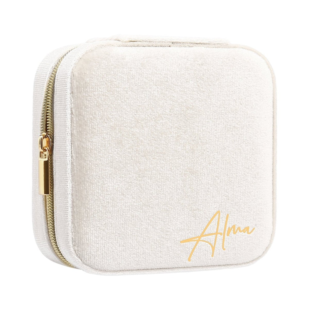 Custom name women velvet jewelry bag, fleece lining, light blue/light pink/white/dark green, 115.7g, 10.4x10.2cm.