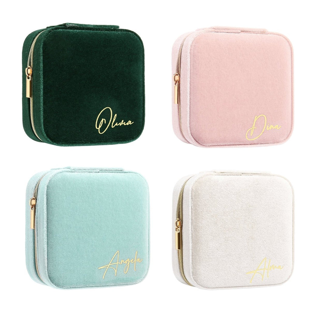 Custom name women velvet jewelry bag, fleece lining, light blue/light pink/white/dark green, 115.7g, 10.4x10.2cm.