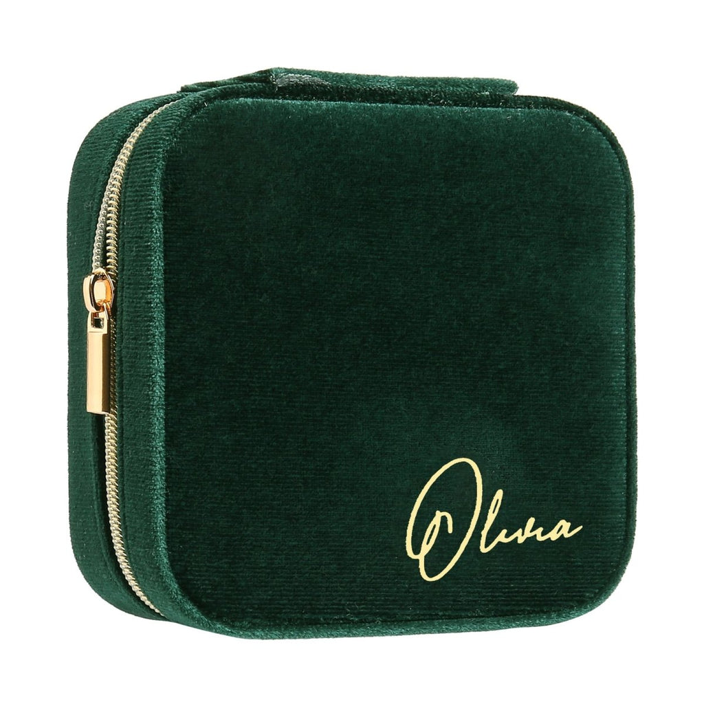 Custom name women velvet jewelry bag, fleece lining, light blue/light pink/white/dark green, 115.7g, 10.4x10.2cm.