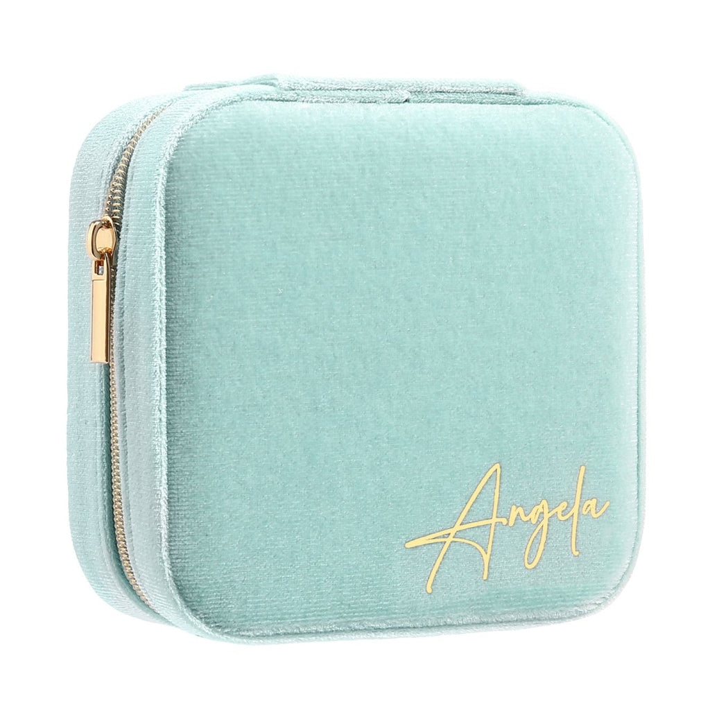 Custom name women velvet jewelry bag, fleece lining, light blue/light pink/white/dark green, 115.7g, 10.4x10.2cm.