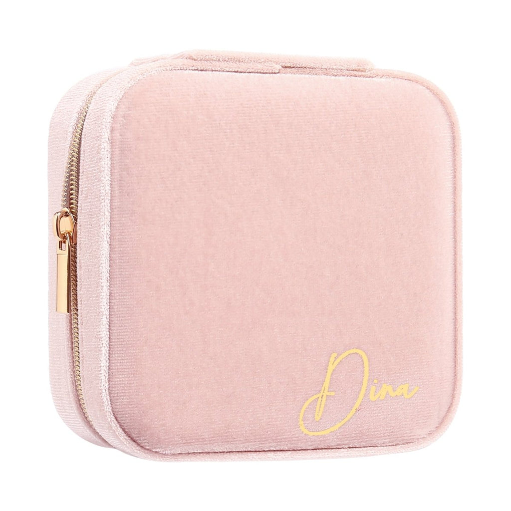 Custom name women velvet jewelry bag, fleece lining, light blue/light pink/white/dark green, 115.7g, 10.4x10.2cm.