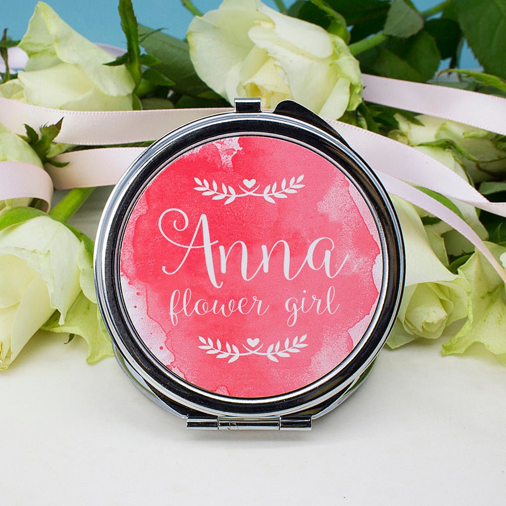 Personalised compact mirror, 7×6×1cm, custom name and title, bridesmaid gift