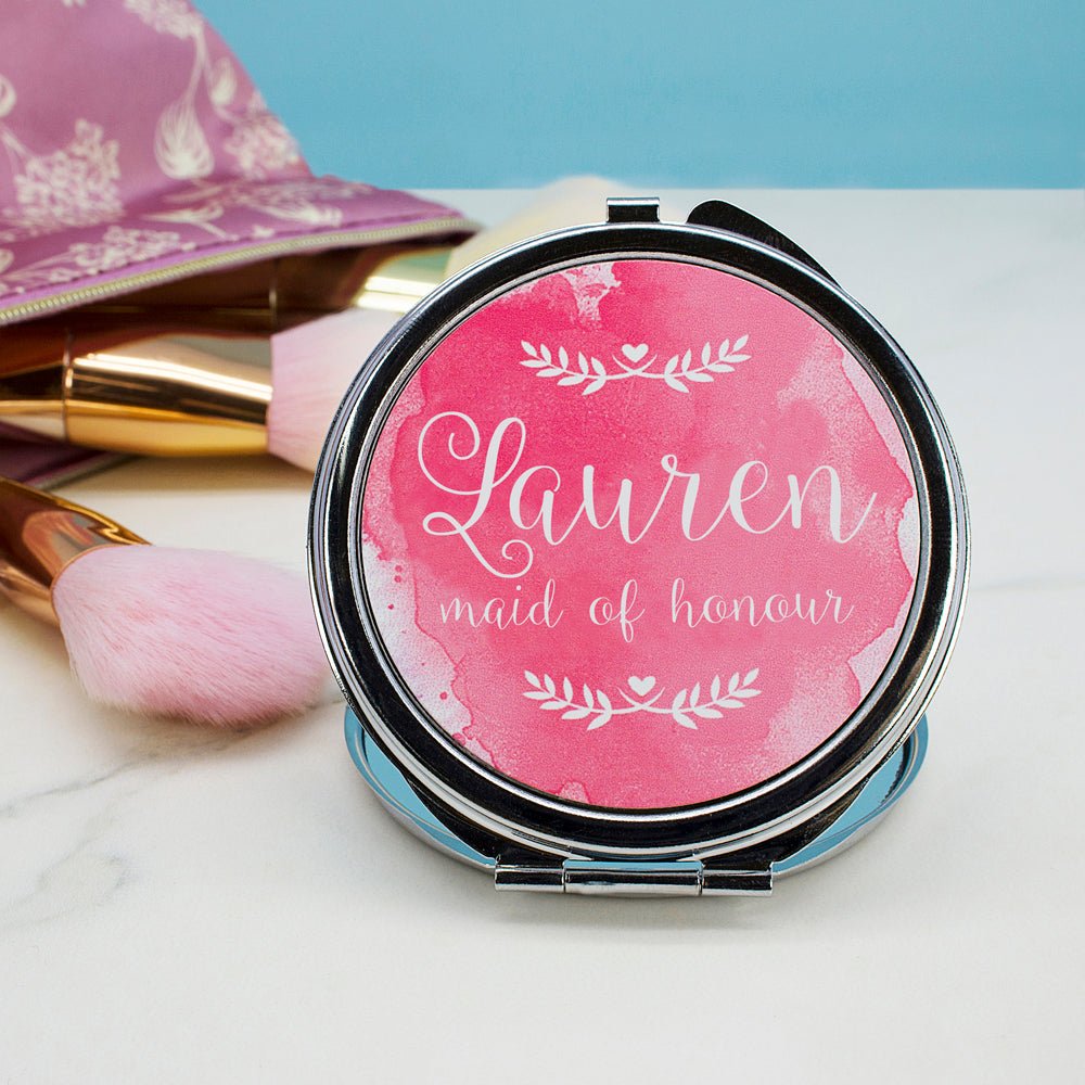 Custom name mirror for maid of honour, metal, 7×6cm, wedding keepsake